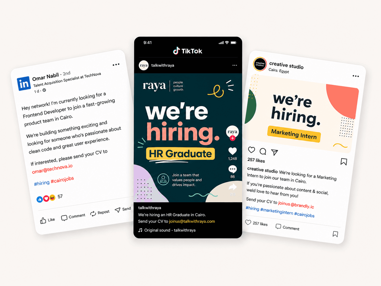 LinkedIn, TikTok, and Instagram hiring posts displayed together