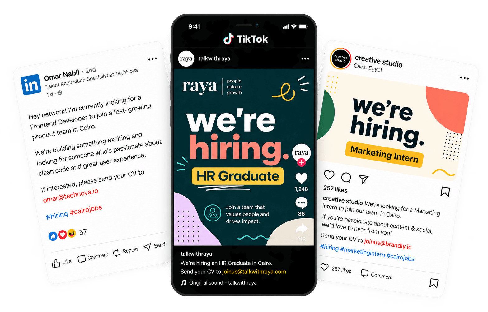 LinkedIn, TikTok, and Instagram hiring posts displayed together